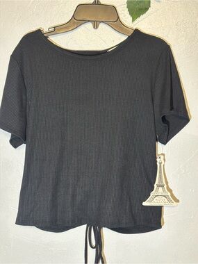 french pastry Black Ribbed Short-Sleeve Tie-Hem Tee